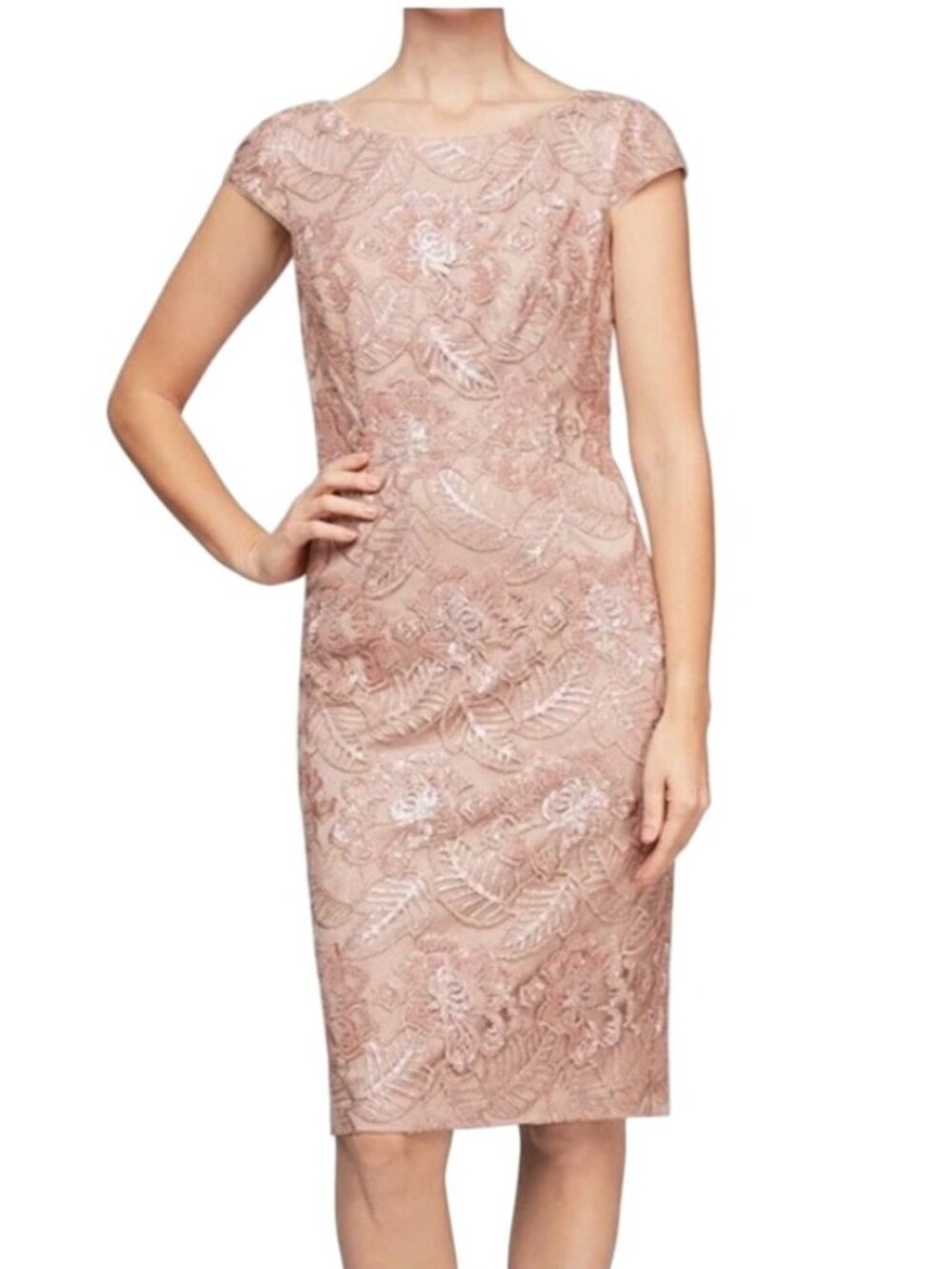 Alex Evenings Embroidered Sequin Lace Dress Cap Sleeve Beige Blush Pink size 14